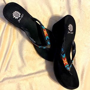 Yellow Box wedge sandal. 8.5 Black with beaded embellishment